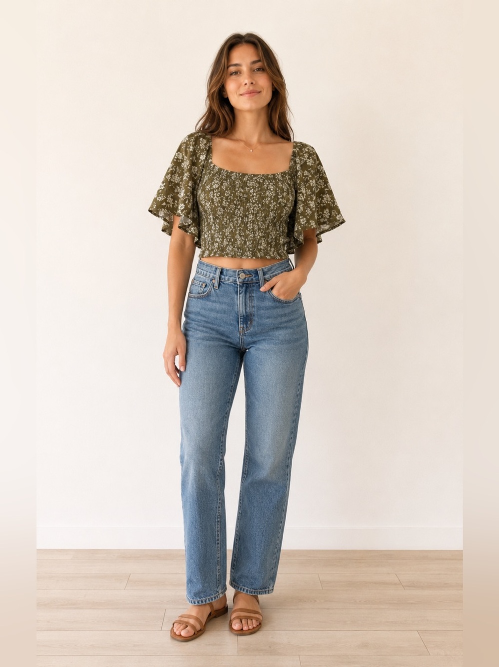 Forever 21 Olive Green Floral Smocked Crop Top with Puff Sleeves